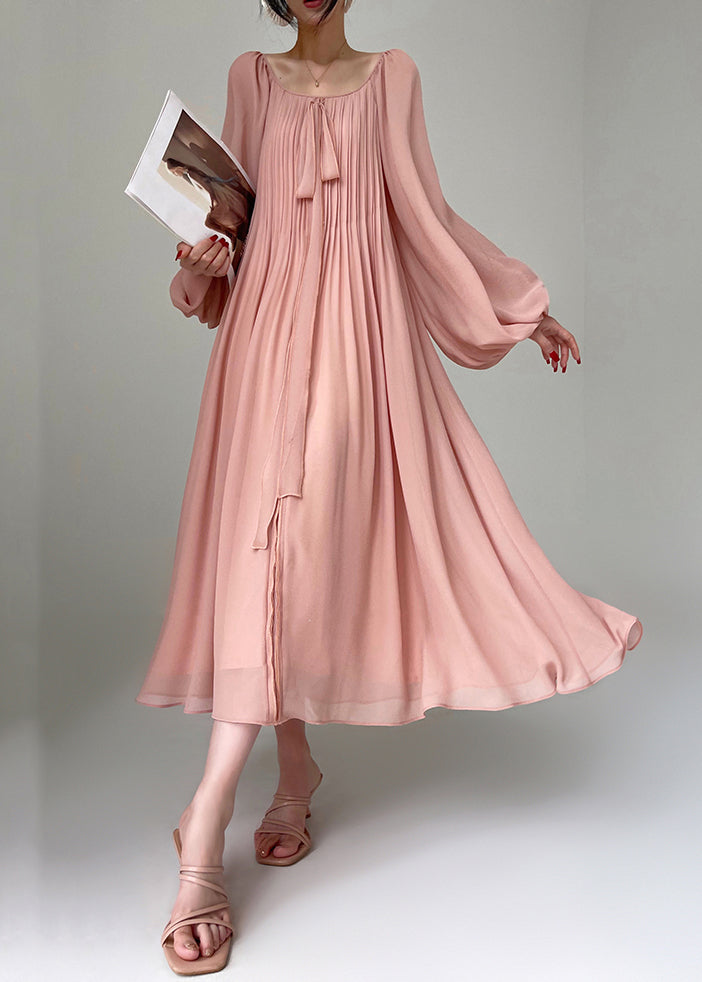 Pink Wrinkled Lace Up Chiffon Maxi Dresses Spring
