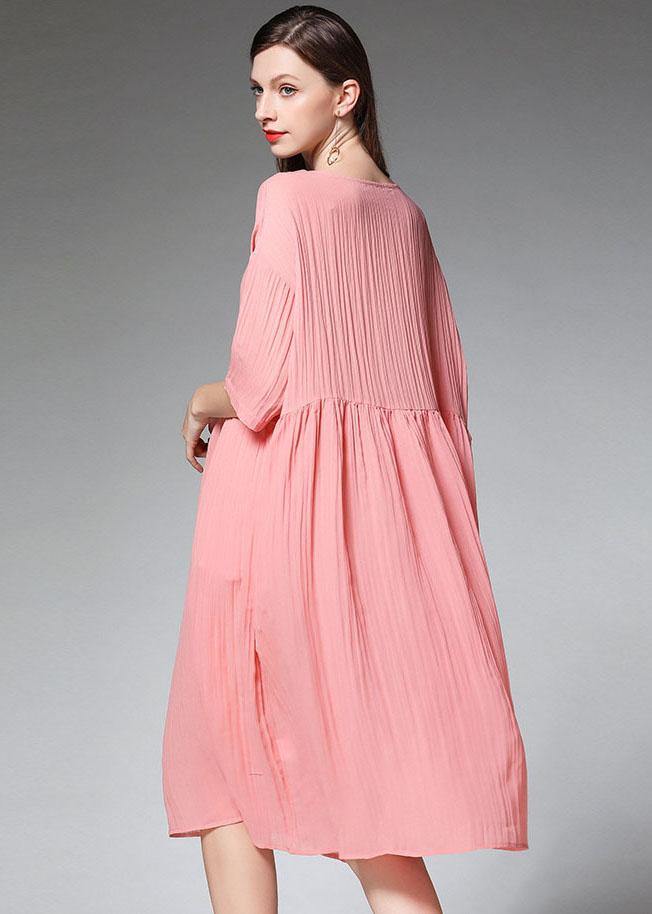 Pink Wrinkled Pockets Summer Dress Half Sleeve