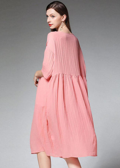 Pink Wrinkled Pockets Summer Dress Half Sleeve