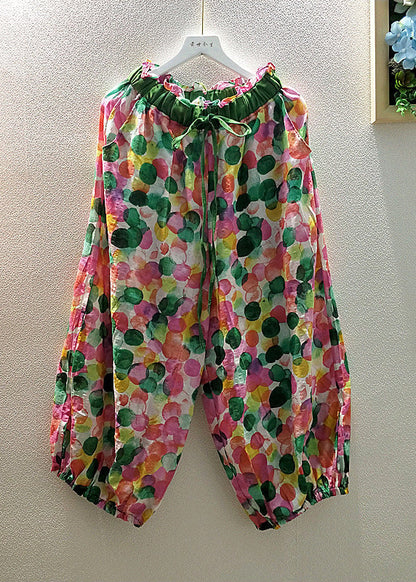 Print Elastic Waist Tie Waist Linen Crop Pants Fall