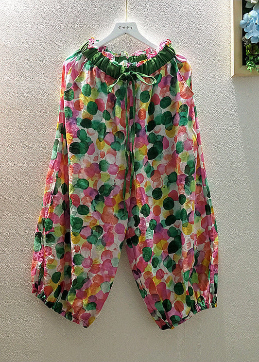 Print Elastic Waist Tie Waist Linen Crop Pants Fall