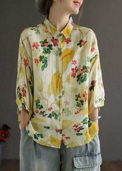 Print Peter Pan Collar Button Summer Linen Top Three Quarter Sleeve