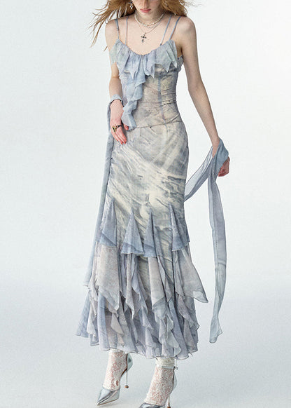 Print Ruffled Chiffon Long Spaghetti Strap Dresses Summer