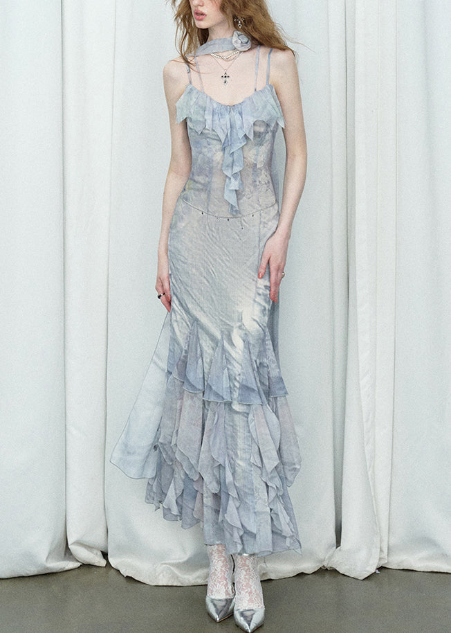 Print Ruffled Chiffon Long Spaghetti Strap Dresses Summer
