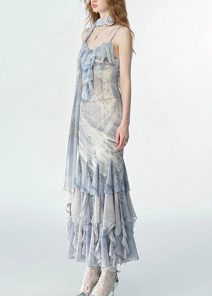 Print Ruffled Chiffon Long Spaghetti Strap Dresses Summer