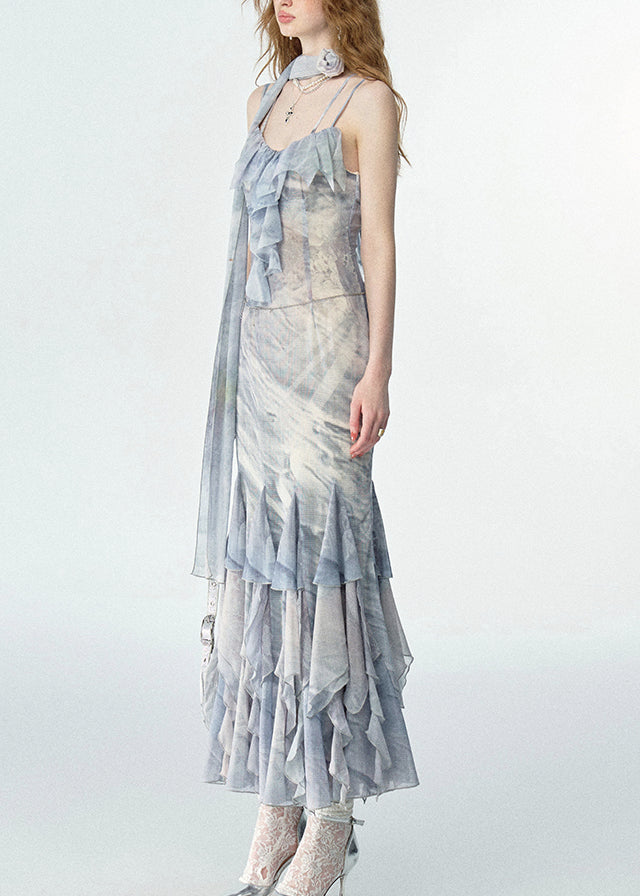 Print Ruffled Chiffon Long Spaghetti Strap Dresses Summer