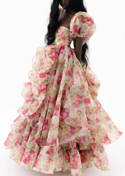 Print Ruffled High Waist Chiffon Maxi Dresses Puff Sleeve
