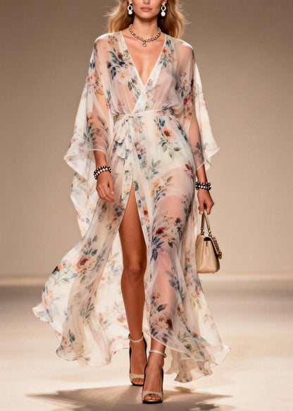 Print Side Open Lace Up Chiffon Dresses Summer