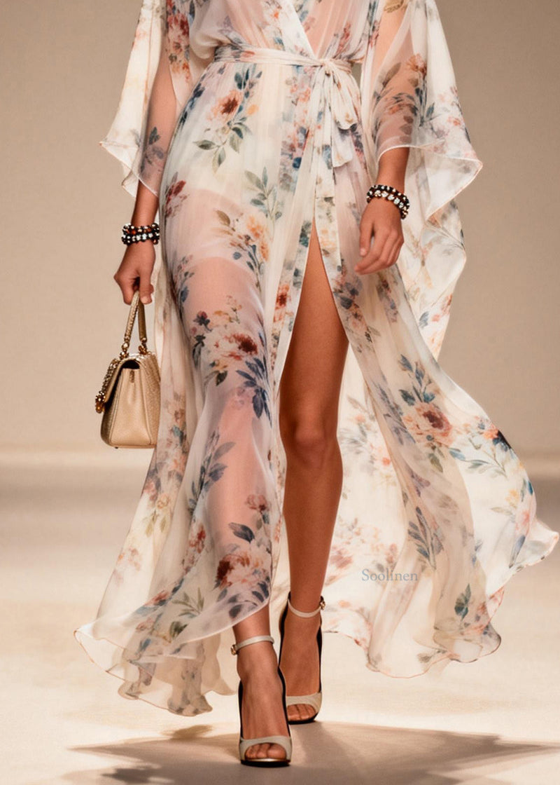 Print Side Open Lace Up Chiffon Dresses Summer