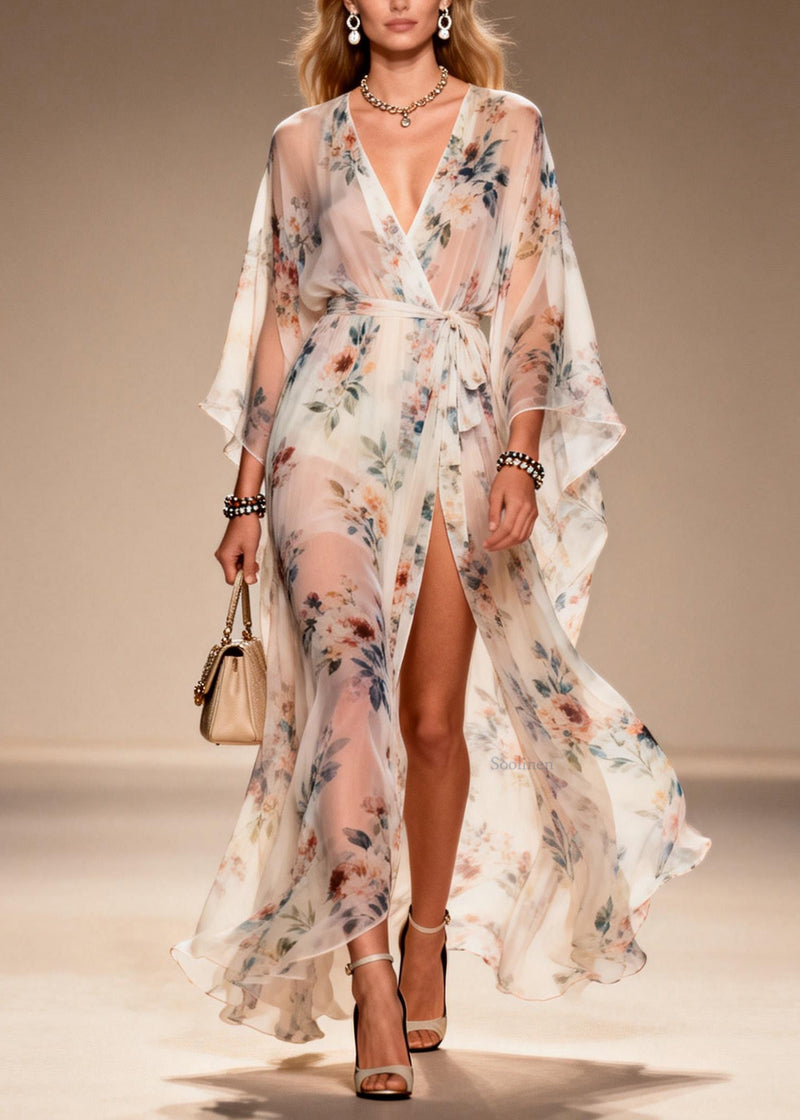 Print Side Open Lace Up Chiffon Dresses Summer