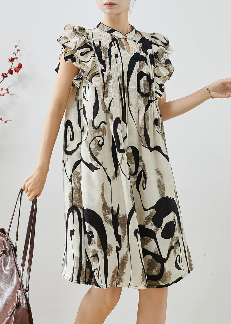 Print Wrinkled Chiffon Mid Dress Butterfly Sleeve