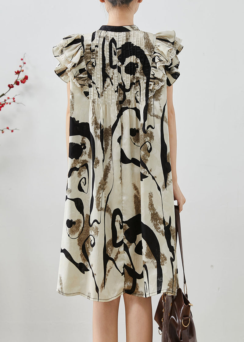 Print Wrinkled Chiffon Mid Dress Butterfly Sleeve