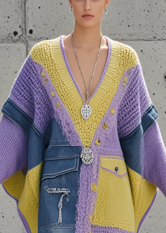 Purple Asymmetrical Patchwork Denim Long Sweater Batwing Sleeve