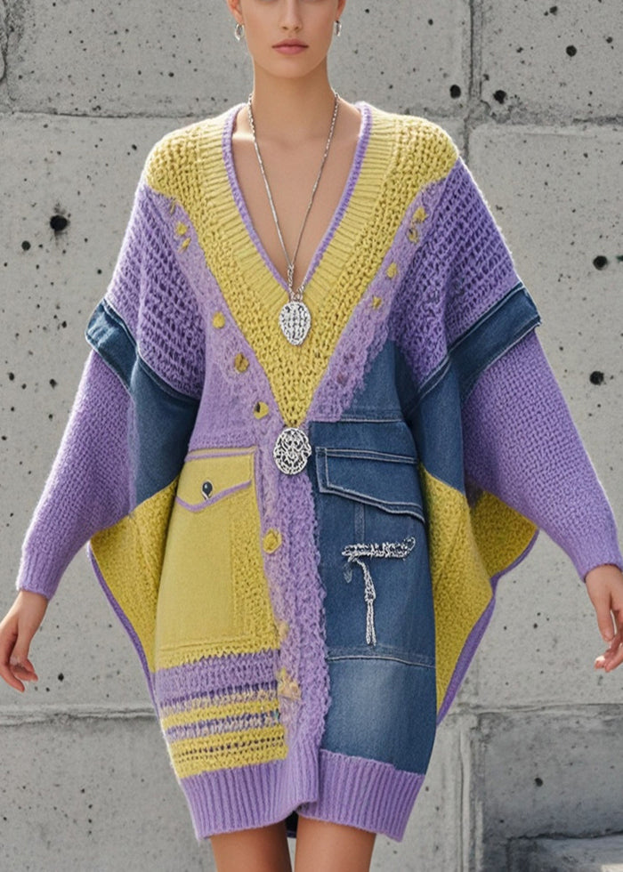 Purple Asymmetrical Patchwork Denim Long Sweater Batwing Sleeve