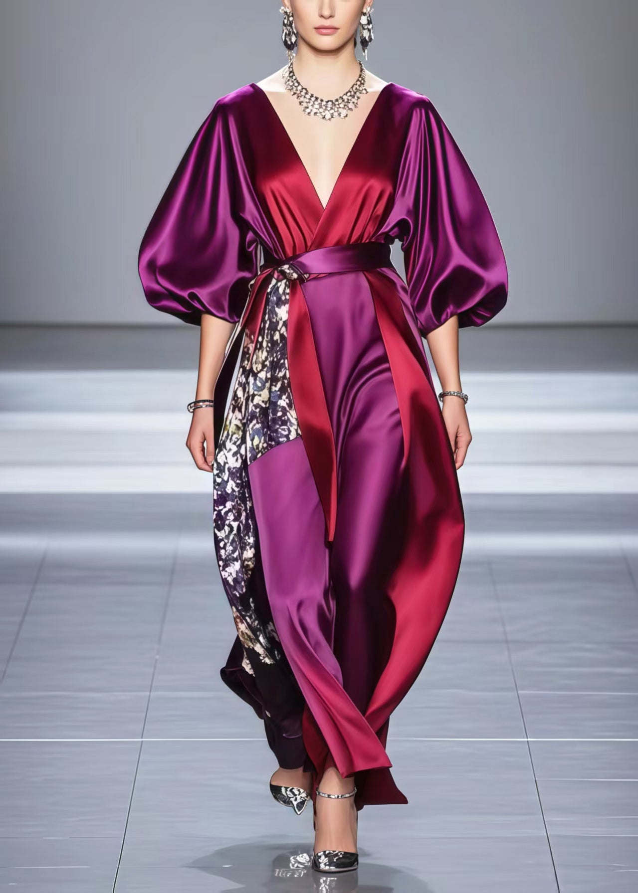 Purple Asymmetrical Patchwork Silk Dresses Lantern Sleeve