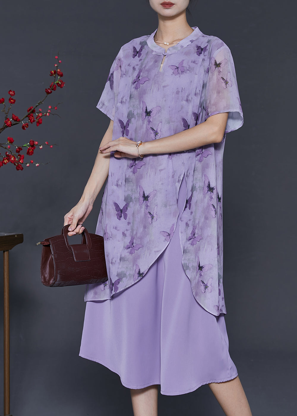 Purple Butterfly Chinese Button Chiffon Fake Two Piece Dresses Summer