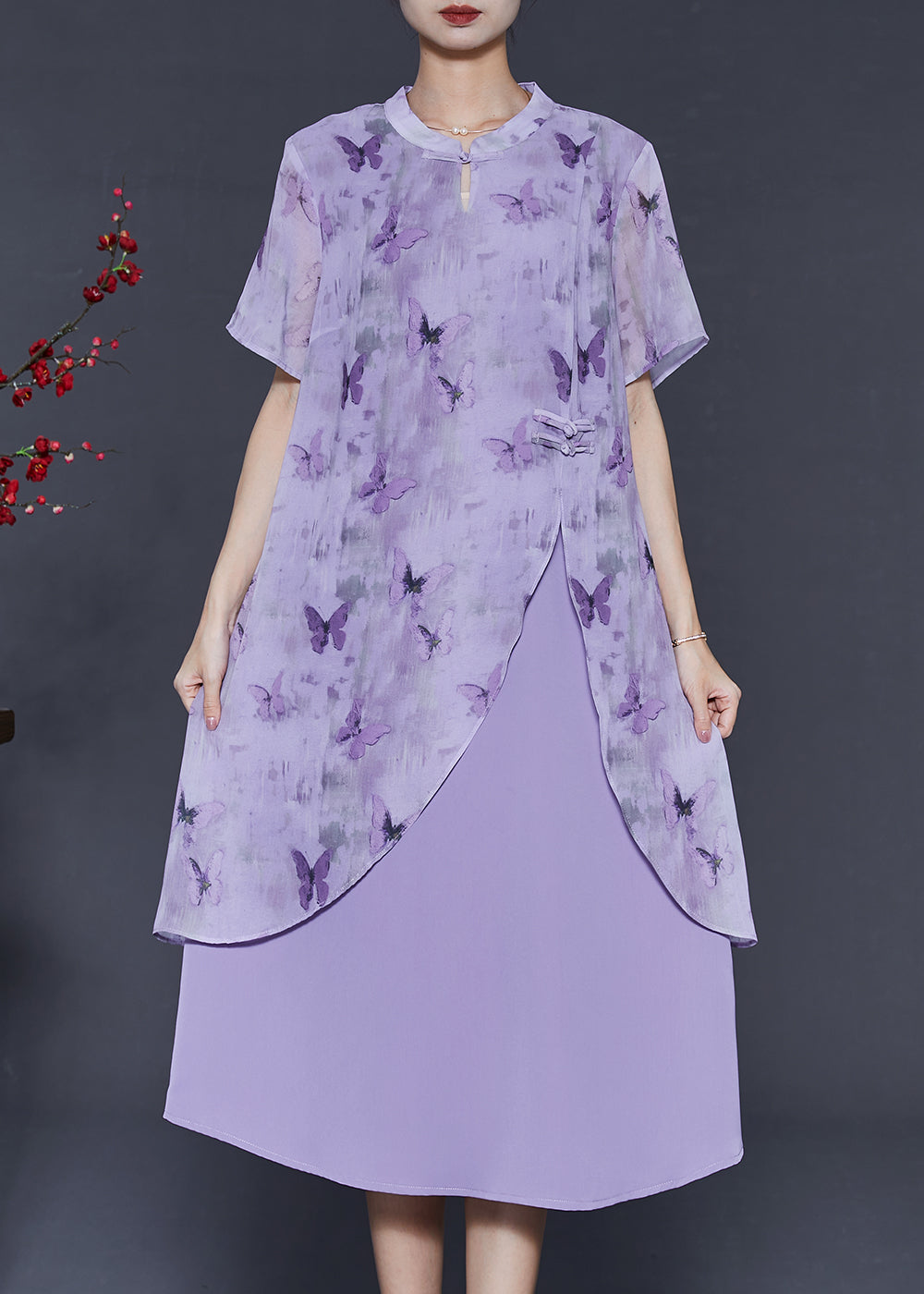 Purple Butterfly Chinese Button Chiffon Fake Two Piece Dresses Summer