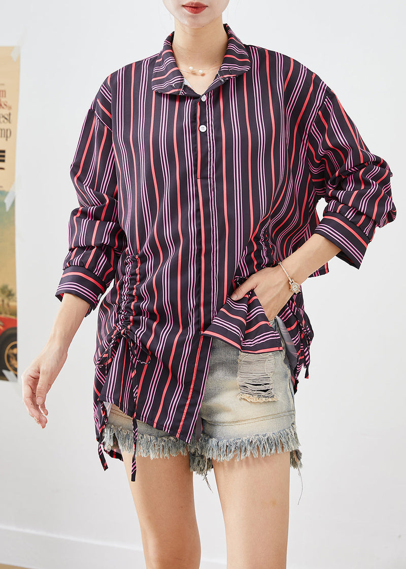Purple Cinched Striped Cotton Shirt Tops Fall