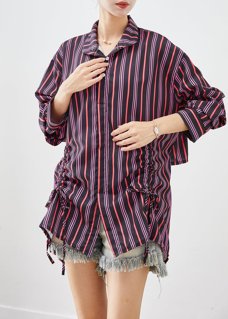 Purple Cinched Striped Cotton Shirt Tops Fall