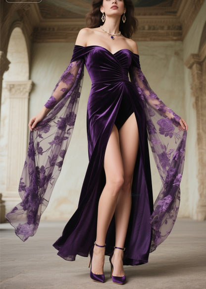 Purple Cold Shoulder Patchwork Velvet Dress Summer