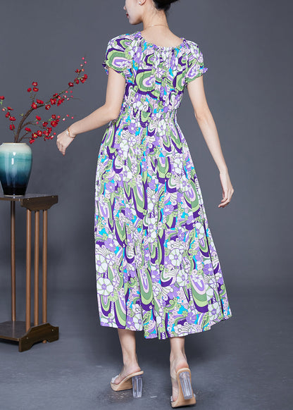 Purple Elastic Waist Print Cotton Beach Dress Summer