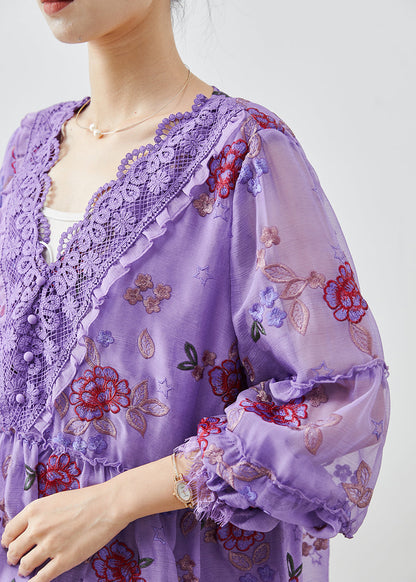 Purple Embroidered Patchwork Chiffon Vacation Dress Fall