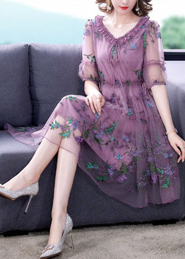 Purple Embroideried Tulle Holiday Dress Short Sleeve