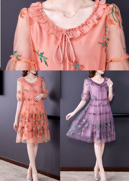 Purple Embroideried Tulle Holiday Dress Short Sleeve