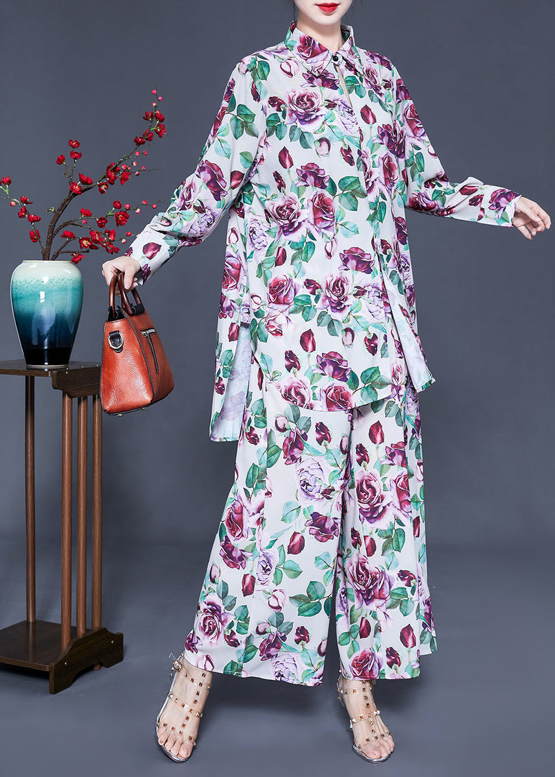 Purple Print Side Open Silk Tops and Pants Two Pieces Set Spring