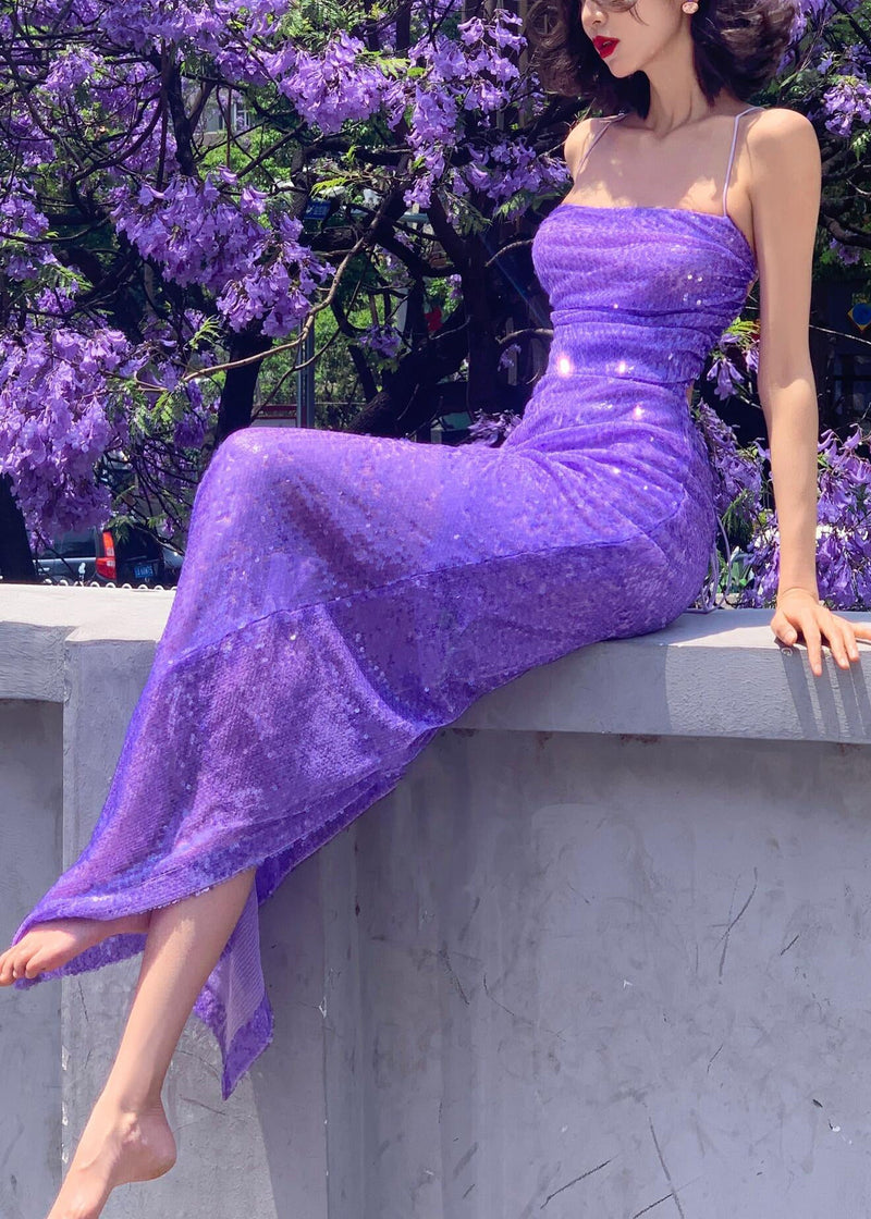 Purple Halter Sequins Side Open Silk Long Vestidos Summer