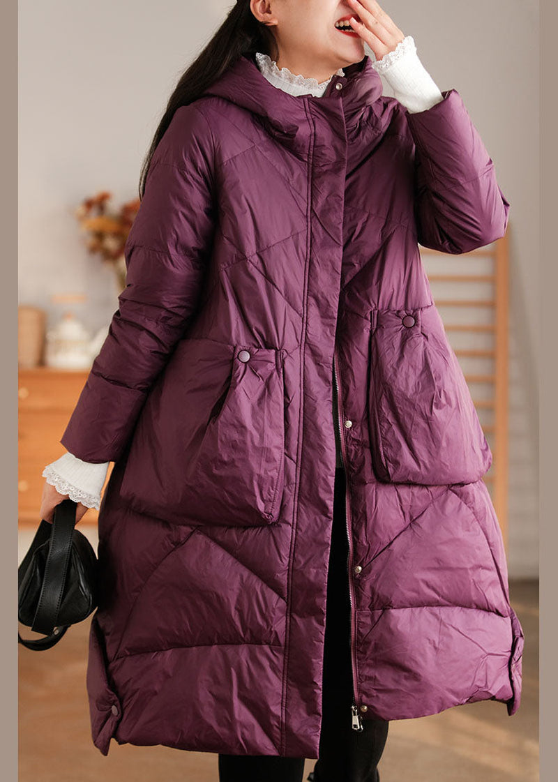 Purple Hooded Pockets Duck Down Down Coat Winter