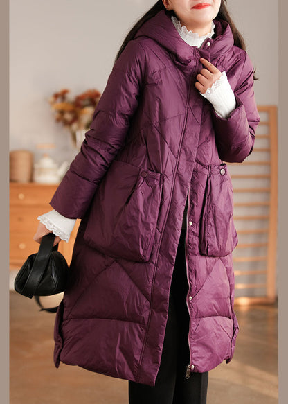 Purple Hooded Pockets Duck Down Down Coat Winter
