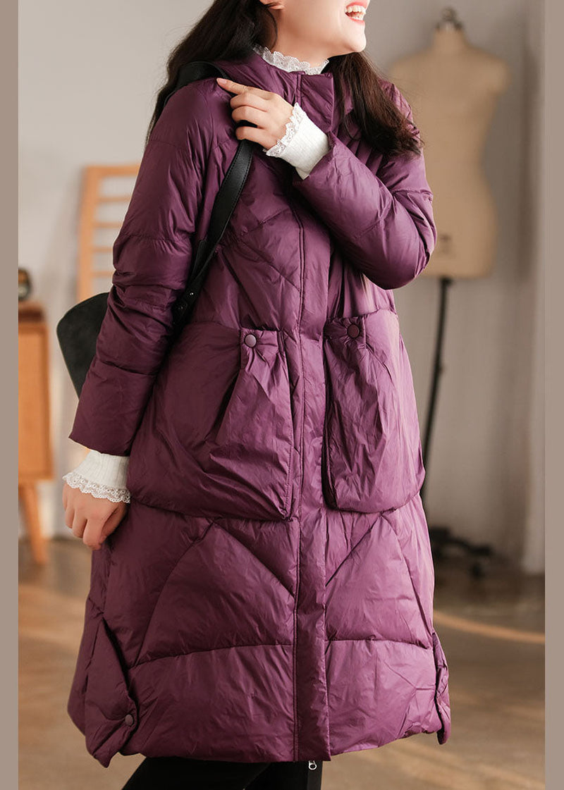 Purple Hooded Pockets Duck Down Down Coat Winter