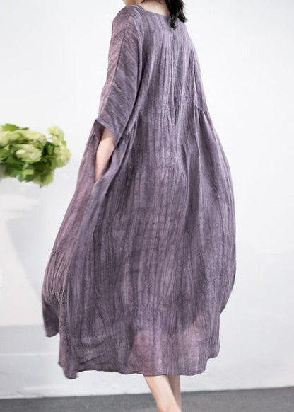 Purple O Neck Pockets Cotton Long Dress Half Sleeve