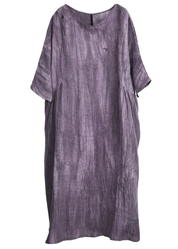 Purple O Neck Pockets Cotton Long Dress Half Sleeve