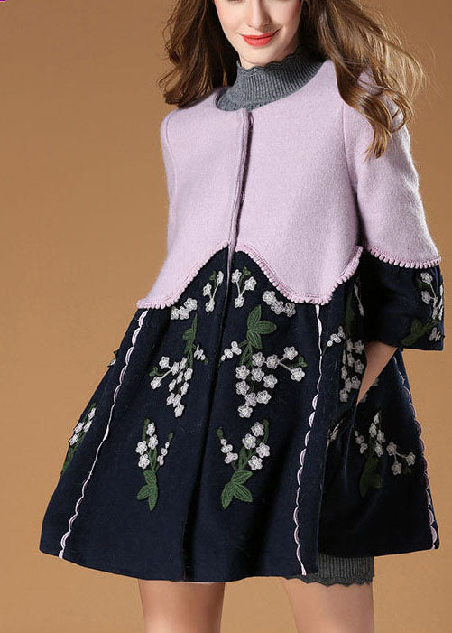 Purple Patchwork Embroideried Fall Woolen Coat