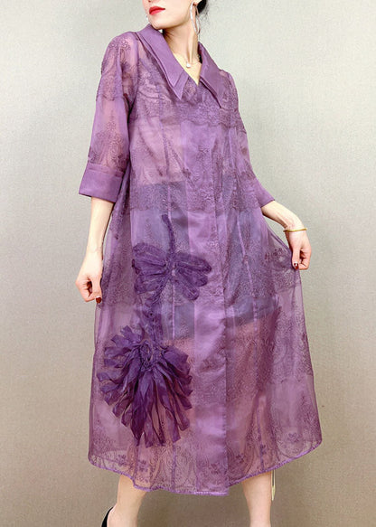 Purple Peter Pan Collar Embroideried Patchwork Tulle Trench Summer