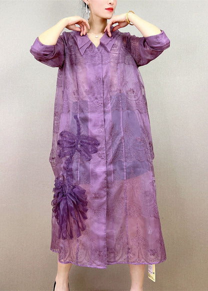 Purple Peter Pan Collar Embroideried Patchwork Tulle Trench Summer