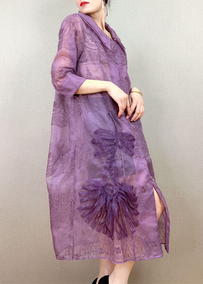 Purple Peter Pan Collar Embroideried Patchwork Tulle Trench Summer