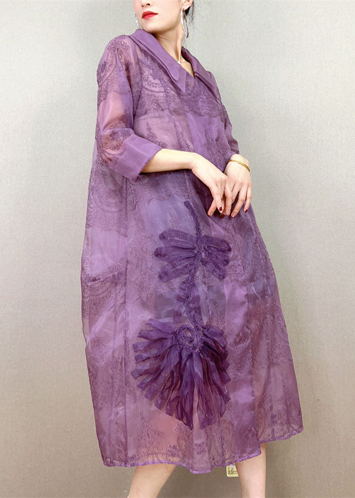Purple Peter Pan Collar Embroideried Patchwork Tulle Trench Summer
