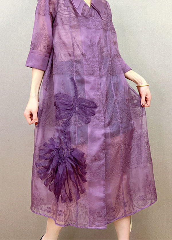 Purple Peter Pan Collar Embroideried Patchwork Tulle Trench Summer