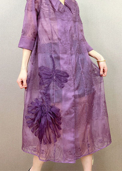 Purple Peter Pan Collar Embroideried Patchwork Tulle Trench Summer