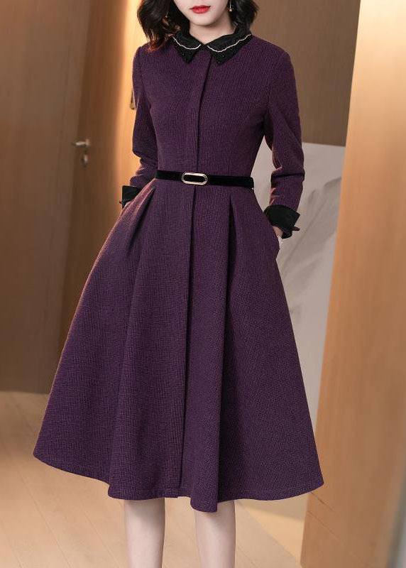 Purple Peter Pan Collar Patchwork Cotton Cinch Dress Long Sleeve