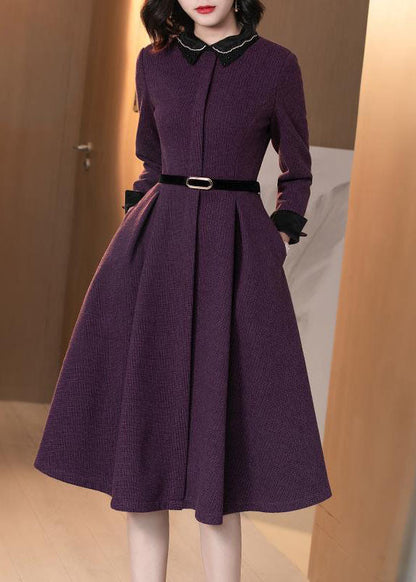 Purple Peter Pan Collar Patchwork Cotton Cinch Dress Long Sleeve