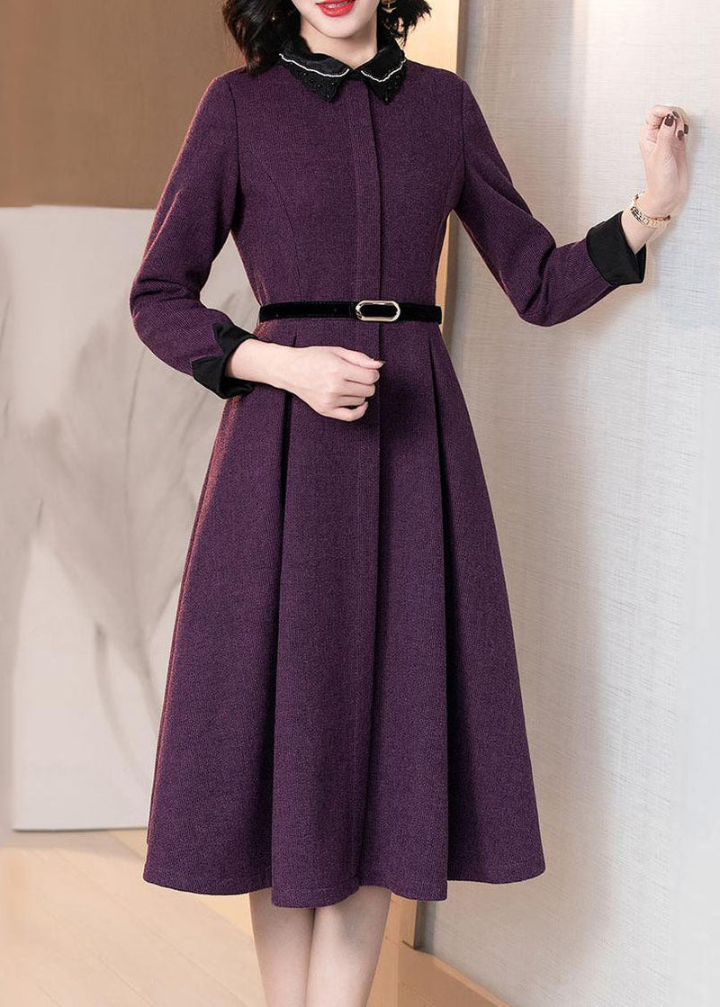Purple Peter Pan Collar Patchwork Cotton Cinch Dress Long Sleeve