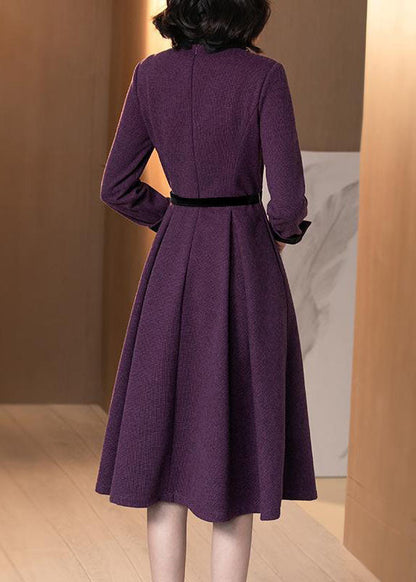 Purple Peter Pan Collar Patchwork Cotton Cinch Dress Long Sleeve