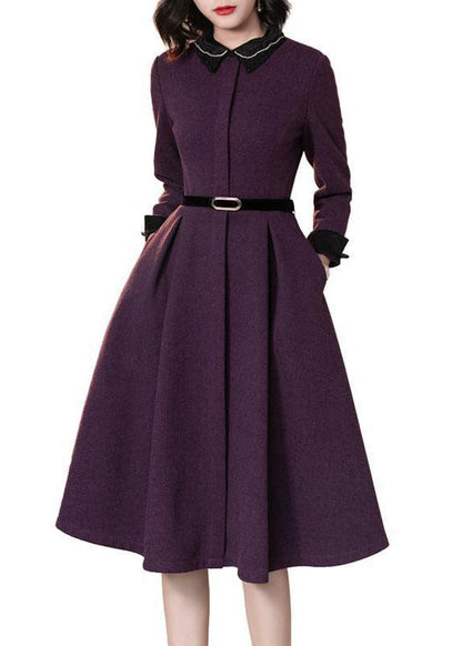 Purple Peter Pan Collar Patchwork Cotton Cinch Dress Long Sleeve