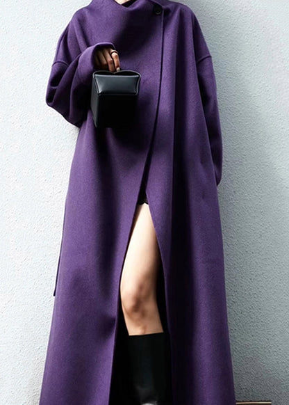 Purple Pockets Tie Waist Patchwork Woolen Coat Winter