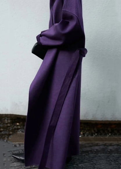 Purple Pockets Tie Waist Patchwork Woolen Coat Winter