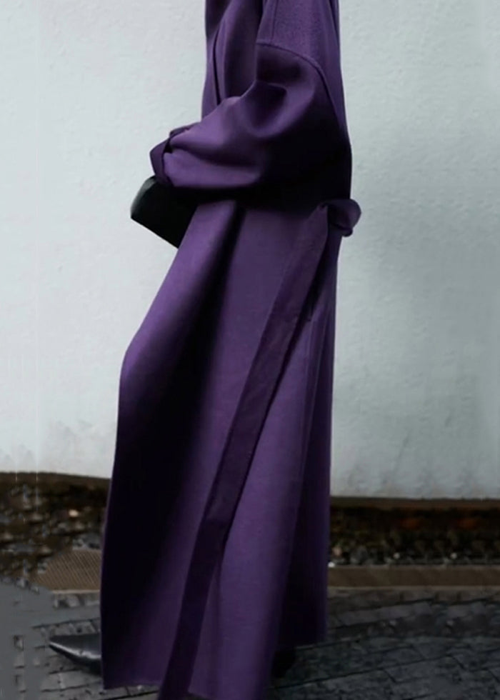 Purple Pockets Tie Waist Patchwork Woolen Coat Winter